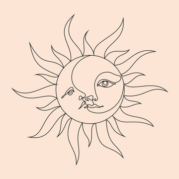 Moon and sun line art vector