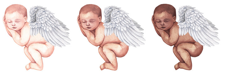Newborn sleeping angel, watercolor baby shower clipart. Baby angel clipart