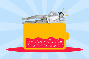 Collage 3d image of pinup pop retro sketch of careless man lying big money battery dollars low level discharged trouble problem bankruptcy