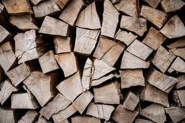beautifully stacked firewood, natural wood for burning in the furnace