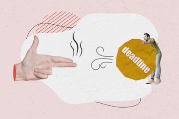 Creative drawing collage picture of big hand showing gun gesture client shoot freelancer deadline...