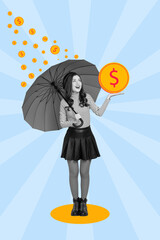 Vertical collage illustration of cheerful girl black white colors hold umbrella money coins rain...