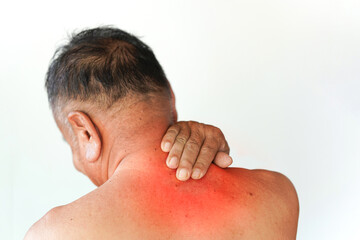Elderly have back or shoulder pain from sitting incorrectly, exercising, or deterioration of the body. Concept of health problems in the elderly.