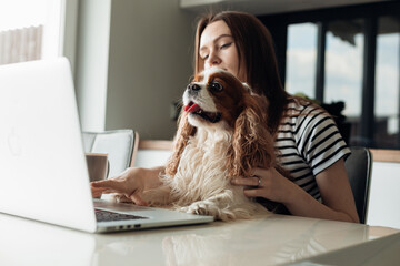 Calm and concentrated brown haired woman sitting in kitchen with dog coker Cavalier King Charles...