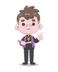 Cute style priest holding holy bible cartoon illustration
