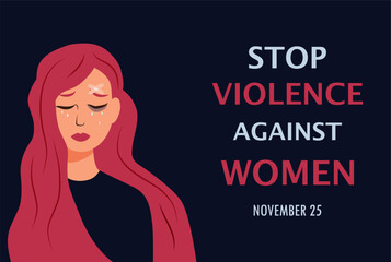 A poster calling for an end to violence against women. Tyrant and victim. November 25. Beatings. Crying girl on a dark blue background. Vector stock illustration