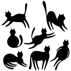 Funny and cute cats. Cartoon doodle png collection. Illustration of character black cat. Stylish kitten set.