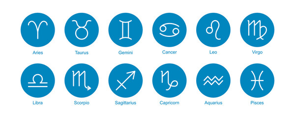 Zodiac sign vector, horoscope icon, astrology star symbol, twelve element set, blue circle pictogram isolated on white background. Simple line illustration © Sylfida
