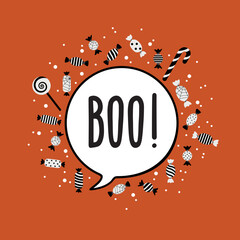 Text Boo! in a speech bubble surrounded by sweets. Composition for Halloween. Vector illustration