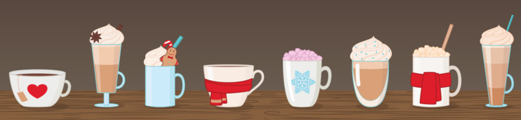 Collection of cozy winter hot drinks in mugs and glasses. Vector illustration