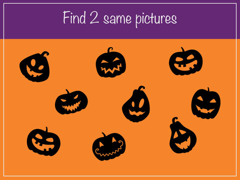 Find same picture - children educational game with Halloween pumpkin shadows. Vector illustration