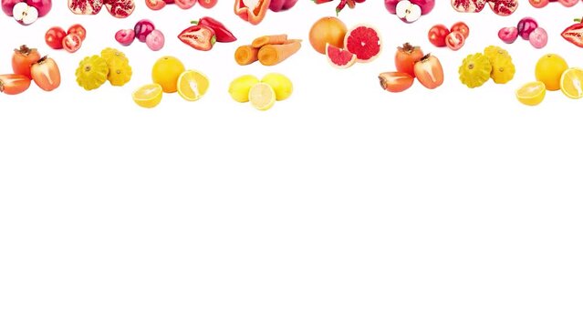 Stop motion. Big set of colored fruits and vegetables on the white background