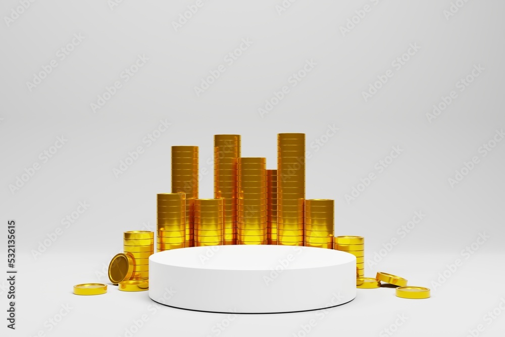 Poster 3d rendering empty white podium with gold coin isolated on white background