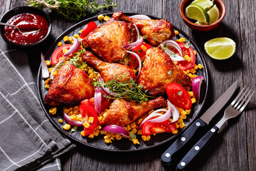 roast chicken with corn and tomatoes on plate