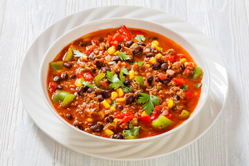 taco soup of ground beef, corn, beans and veggies