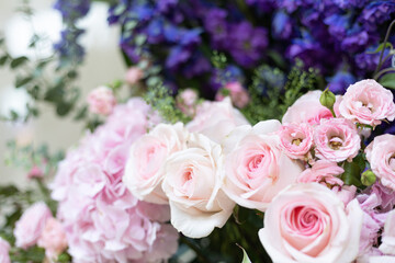bouquet of pink, white roses, Hydrangea and purple flowers