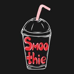 Non-alcoholic refreshing drink. Hand drawn glass of smoothie and lettering text. Vector illustration. Contour element