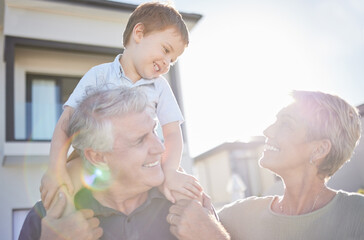 Happy family, baby and grandparents outdoor in summer sunshine with lens flare for vitamin d...