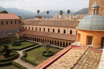 benedictine cloister and cathedral in monreale (sicily) - obrazy, fototapety, plakaty
