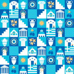 Greek pattern with square tiles, set of traditional symbols of Greece. Blue, White and Gold travel icons, culture, elements, buildings, sun, sea, vacation