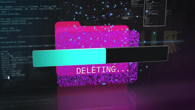 Delete data from computer folders. Sensitive security data, cloud storage cleanup. System security, cybercrime, computer hacking concept.