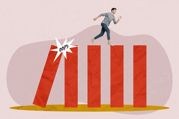 Creative collage illustration of excited running guy crashing blocks domino effect isolated on drawing background