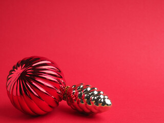Vintage Christmas baubles on a red background with space for your text or image