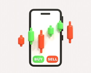 3D online trading stock market exchange platform, coin on mobile cloud. Realistic render candlestick investment graph visualization. Cryptocurrency, trader, banking. 3d rendering buy and sell button