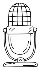 Microphone line sketch. Podcast or music item. Editable outline. Hand drawn black and white icon