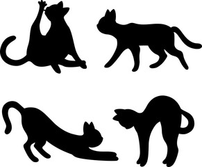 Set of silhouette of cats. Isolated black silhouette of running, sitting, washing, playing cat on white background.