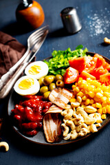 salad with vegetables boiled eggs and bacon