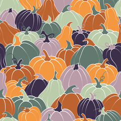 Seamless pattern of colorful pumpkins. Flat style. Vector illustration.