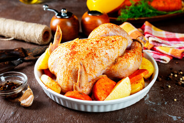 Raw chicken marinated in sour cream sauce with vegetables is in a white tray.