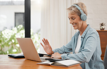 Laptop webinar, woman or video conference training on online zoom call meeting in home office or...