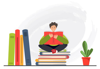 Happy young man or student reading books, reading books, education concept, home library concept, reading is power concept, flat vector illustration