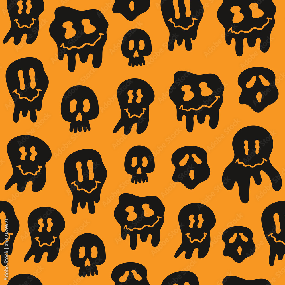 Poster hippie groovy melting smile black faces on a orange background. funny halloween seamless pattern. ve