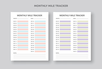 Monthly Mile Tracker, Vehicle Printable Mileage Log