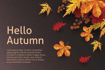 Obraz premium Autumn background with golden maple and oak leaves. Vector paper illustration. Vector set of greeting cards with autumn elements and lettering. Happy September, hello autumn, fall in love.
