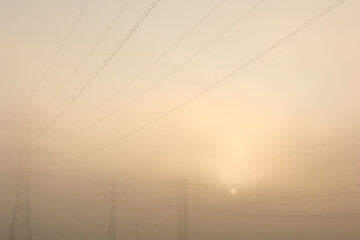 Sun in the mist behind three power poles