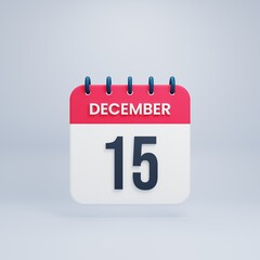 December Realistic Calendar Icon 3D Rendered Date December 15