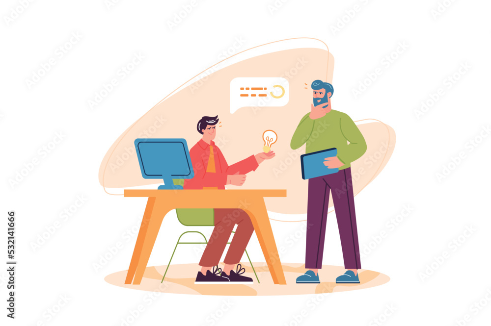 Poster digital business concept with people scene in the flat cartoon design. employee explains to the mana