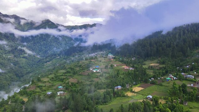 Drone Shot of a cloudy Sainj Valley in Himachal Pradesh near Manali, Kasol