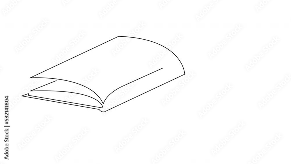 Poster self drawing animation of open book drawn by single continuous line.