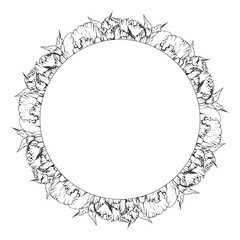 Hand drawn vector circle frame wreath arrangement with peony flowers, buds and leaves. Isolated on white background. Design for invitations, wedding or greeting cards, wallpaper, print, textile