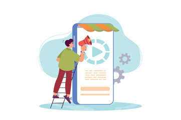 Digital marketing concept with people scene in the flat cartoon style. Marketer promotes and popularizes goods and services using the phone and social networks. Vector illustration.