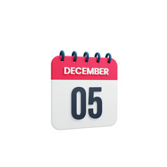 December Realistic Calendar Icon 3D Rendered Date December 05