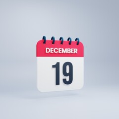 December Realistic Calendar Icon 3D Rendered Date December 19