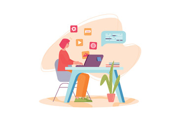 Concept App development with people scene in the flat cartoon style. Woman in the office is working on the development of a new application. Vector illustration.