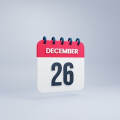 December Realistic Calendar Icon 3D Rendered Date December 26