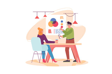 Concept Creative agency with people scene in the flat cartoon design. Two designers are working on the color scheme of the new project. Vector illustration.